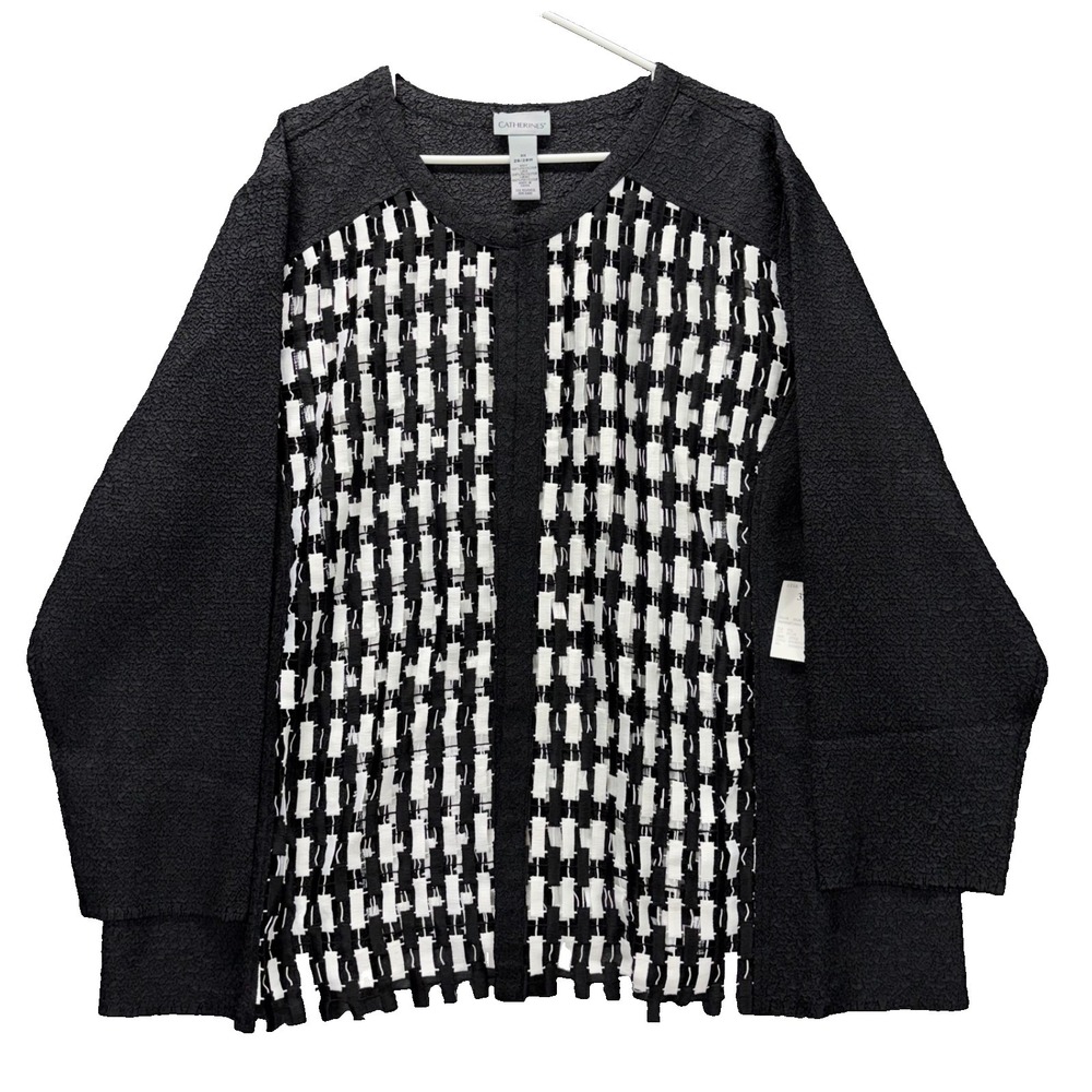 Catherines Cardigan Womens 3X Black White Woven Fringe Open Front Jacket NEW